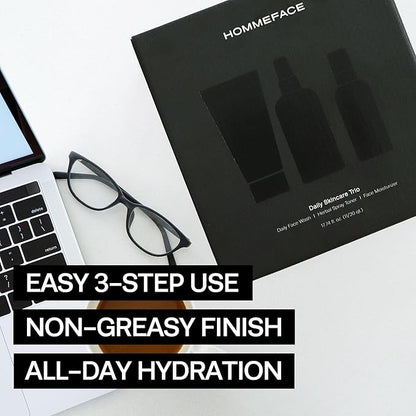 HommeFace Men’s Daily Trio 3-Step Daily Routine Set with Face Wash, Herbal Spray Toner & Moisturizer - Korean Skincare Technology with CICA, Tea Tree Leaf & Witch Hazel Extracts, for All Skin Types