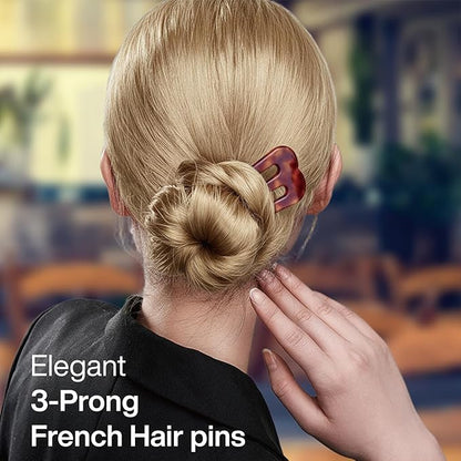 Large French Hair Pins for Women, 3-Prong French Pins for Thick Hair, U Shaped Hair Forks, French Twist Hair Pin Clips, Updo Hair Sticks for Buns, 2 Pcs (Tortoise, Brown)