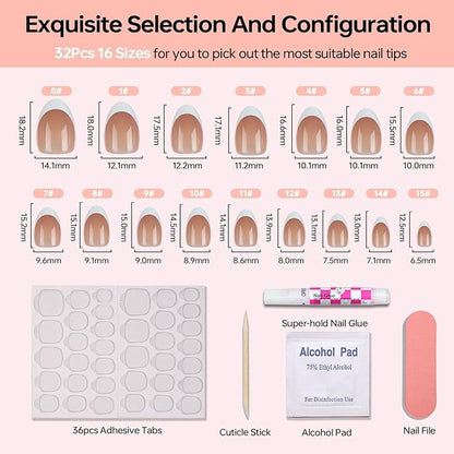 16 size white french tip almond press on nails for women,32 pcs super short petite oval nails with glue and stick, Brown French