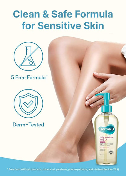 Derma B | Daily Moisture Body Oil | 99% Natural Argan & Sweet Almond Oil | Shower Oil for Dry Sensitive Skin | Light & Long-Lasting Hydration | Skin Body Care Oil with Peach Scent | 6.78 fl oz (200ml)