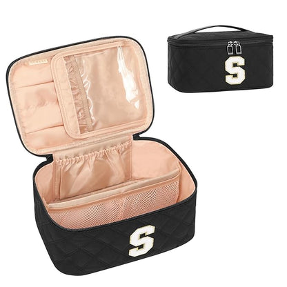 OCHEAL Makeup Bag for Women, Monogram Cosmetic Bag with Brush Holder,Black Travel Makeup Case Beauty Toiletry Bag Organizer Personalized Gifts for Girls Bridesmaid, Sister, Wife, Friends Initial S