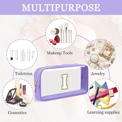 Small Clear Personalized Initial Makeup Bag,Nylon Preppy A-Z Chenille Letter Patch Cosmetic Pouch Beach Toiletry Bag,Waterproof Zip Travel Purse Storage Bag Organizer for Women Girls(Purple-White I)