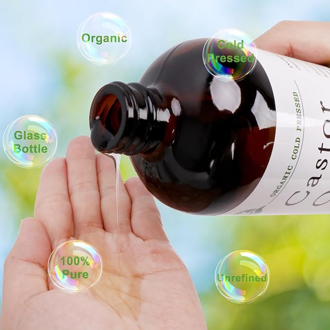 Castor Oil-Castor Oil Organic Cold Pressed Unrefined Glass Bottle-Organic Certified 100% Pure Castor Oil,Hexane Free,Organic Castor Oil for Face,Hair Growth,Eyelashes,Caster 4.23fl.oz/120ml