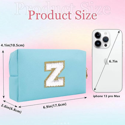 Small Personalized Letter Makeup Bag, Cute PU Leather Chenille Letters Cosmetic Bag Travel Makeup Pouch, Preppy Travel Organizer Zipper Pouch for Women&Girls（Blue-Z）