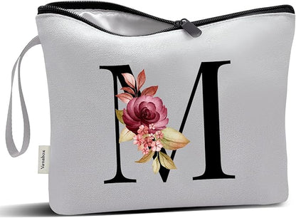 Vavabox A-Z Personalized Makeup Bag, Birthday Gifts for Women Mom, Gifts for Best Friend, Bride Bridesmaid Cosmetic bag (M, Grey)