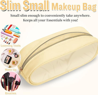 Nylon Slim Makeup Bag, Cute Preppy Cosmetic Zipper Pouch, Travel Toiletry Bag Clutch Coin Pouch for Women Girls (Beige)