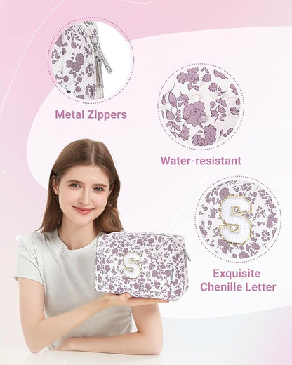 Narwey Birthday Gifts for Teen Girls Kids Women Personalized Initial Floral Makeup Bag Cute Cosmetic Trendy Stuff 6 8 10 11 12 13 14 16 18 Years Old Travel Toiletry Bag (Little Dusty Pink Flower S)