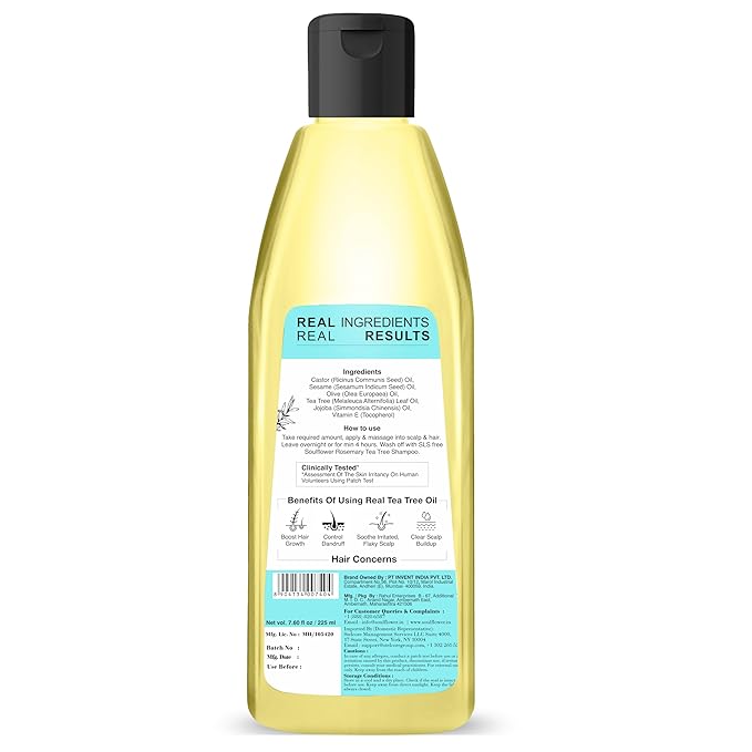 Soulflower Tea Tree Hair Oil for Dandruff & Hair Loss Control, Scalp Treatment - 100% Pure, Organic, Natural, Coldpressed, Vegan - 225 ml