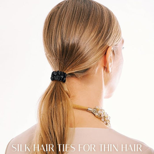 OLESILK Silk Hair Ties for Women: 100% Mulberry Skinny Silk Scrunchies, Soft Smooth No Damage No Crease for Thin Fine Curly Hair 5 Pack, Black