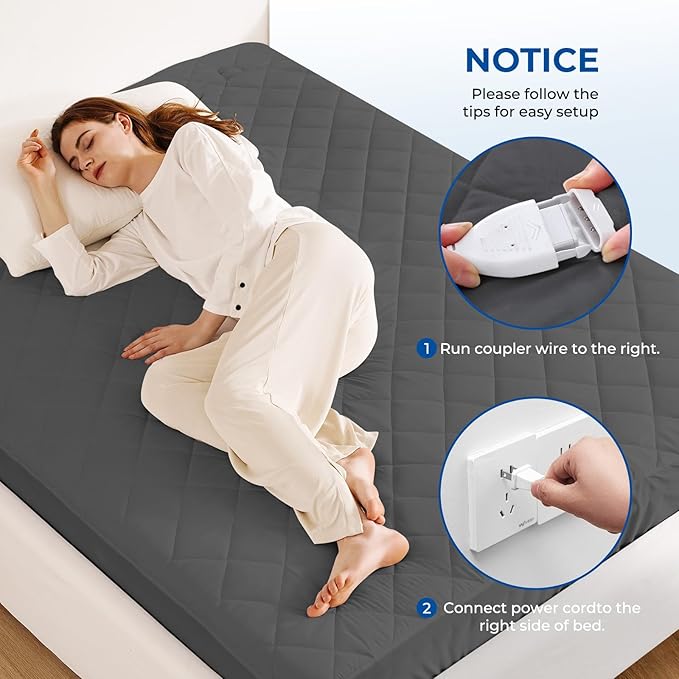 Heated Mattress Pad Twin XL Size Quilted Heating Electric Bed Warmer Comfort Heat Mattress Pad Cover Single Controller（10 Heat Setting | 1-12 Hours Auto Shut Off | with 8-21 Inch Deep Pocket） Gray
