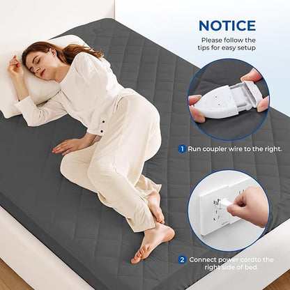 Heated Mattress Pad King Size Quilted Zone Heating Electric Bed Warmer Comfort Heat Mattress Pad Cover Dual Controller（10 Heat Setting | 1-12 Hours Auto Shut Off | with 8-21 Inch Deep Pocket） Gray