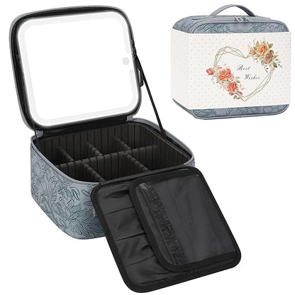 Relavel Travel Makeup Bag With LED Mirror for Women, Cosmetic Organizer Bag with Adjustable Brightness in 3 Color Scenarios, Detachable Dividers, Waterproof Train Case for Daily - Dark Blue FLowers