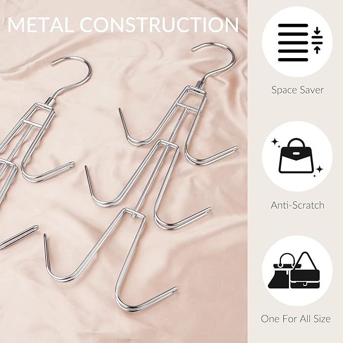 ZEDODIER Purse Hanger Organizer for Closet, 2 Pack Hanging Bag Holder, Keeping Purses Visible and in Good Condition, Metal Handbag Storage Hook Backpack Rack Space Saving Hanger, Silver