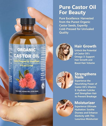 Organic Castor Oil for Face Roll On，Rollerball Deep Hydration for Skin Care and Hair, Castor Oil Organic Cold Pressed Unrefined Glass Bottle 8oz with 2 Roller