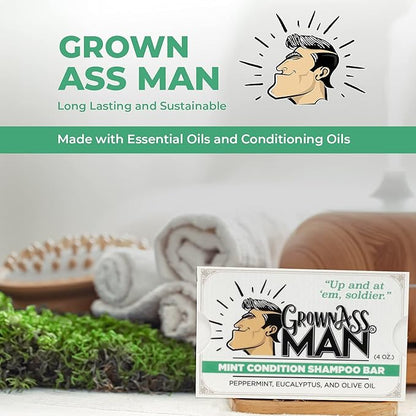 Grown Ass Man Co. - Solid Shampoo Bar Rich Lather 3 in 1: Hair, Beard & Body Wash - Plastic Free & Eco-Friendly, Natural & Organic Clean for All Hair Types, 4oz Bar (Mint Condition, Single)