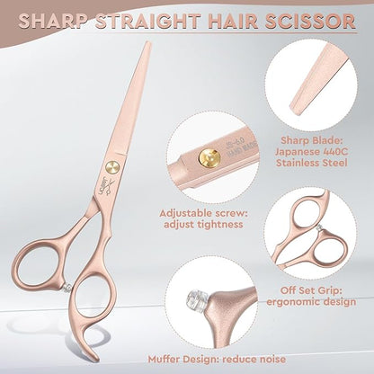 JASON Professional 10-Piece Haircut Scissors Set - 6.7" Thinning/Texturizing Scissors, Straight Shears for Men, Women & Home Salon (30 Teeth, Rosegold)