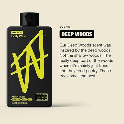 W By Jake Paul Exfoliating Body Wash for Men, Vitamin-Infused, Hydrating Shower Gel, Deep Woods, 18 fl oz