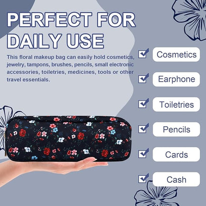 Waterproof Small Floral Pencil Case Makeup Bag for Purse,Cute Flower Pencil Pouch Preppy Nylon Makeup Brush Holder with Zipper,Girls Portable Storage Case Pen Bag for Work(Slim Black-Flowers)