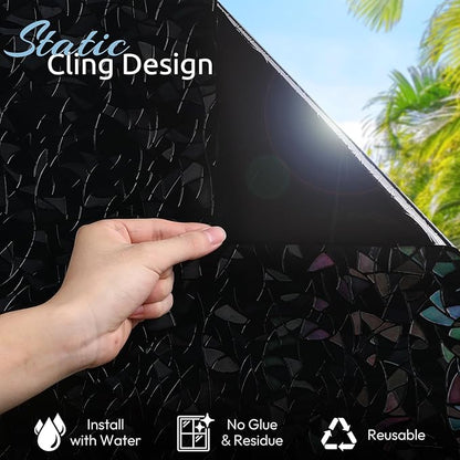 rabbitgoo Window Privacy Film Rainbow Film Decorative Window Sticker, 3D Static Stained Glass Cling Tint for Room Darkening Day Sleep, Black, 35.4 x 118.1 inches
