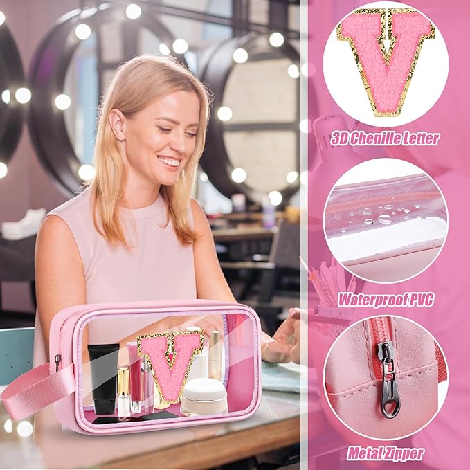 Initial Makeup Bag,Letter V Cute Clear Monogrammed Cosmetic Travel Bag for Womens Girls,Personalized Pink Aesthetic Traveling Make Up Organizer Bag for Beach,Waterproof Toiletry Bag