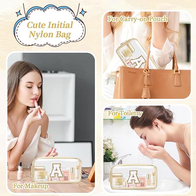Small Clear Personalized Initial Makeup Bag,Nylon Preppy A-Z Chenille Letter Patch Cosmetic Pouch Beach Toiletry Bag,Waterproof Zipper Travel Purse Storage Bag Organizer for Women Girls(Beige-White A)