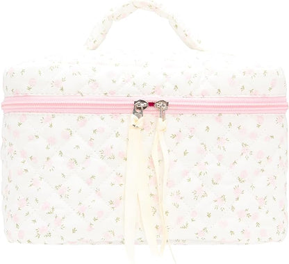 Quilted Makeup Bag Large Travel Zipper Soft Cosmetic Case for Women Girls Make Up,Little Flower Pink