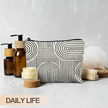 Abstract Minimalist Black and White Makeup Bag, Aesthetic Boho Rainbow Line Art Cosmetic Bags for Women, Boho Gifts for Women, Contemporary Modern Zipper Makeup Pouch