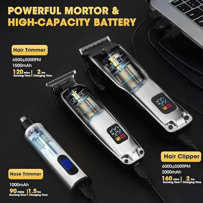 Hair Clippers for Men,4 in 1 Professional Hair Clippers T-Blade Trimmer Electric Foil Shaver Nose Hair Trimmer Set,Cordless Barber Hair Cutting Men’s Grooming Kit LCD Display Gifts (Silver)