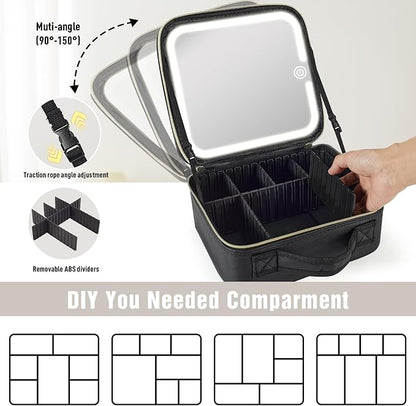 Makeup Bag with Mirror and Light, Travel Makeup Train Case with LED Lighted Removable Mirror, Portable Cosmetic Organizer Make up Bag with 3 Colors Dimming Light, Adjustable Dividers & Brush Board