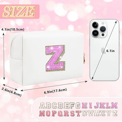 Initial Letter Patch Makeup Bag, Preppy Glitter Pouch Cosmetic Bag, Small PU Travel Toiletry Bag Zipper, Personalized Monogrammed Gift for Friends, Sisters & Teens (Letter Z)