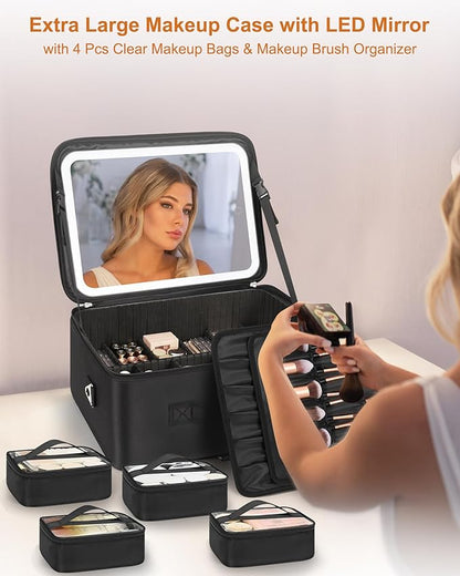 Relavel Extra Large Makeup Bag with LED Mirror, Cosmetic Train Case for Makeup Artists with 4 Removable Pouches and Adjustable Dividers, Hair Supplies Organizer, Travel Portable Mirror with Lights