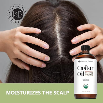 Kate Blanc Cosmetics Castor Oil Organic (16oz), 100% Pure, Cold Pressed, Hexane Free, Glass Bottle. Natural Oil for Hair, Eyelashes, Eyebrows. Skin Moisturizer with Starter Kit