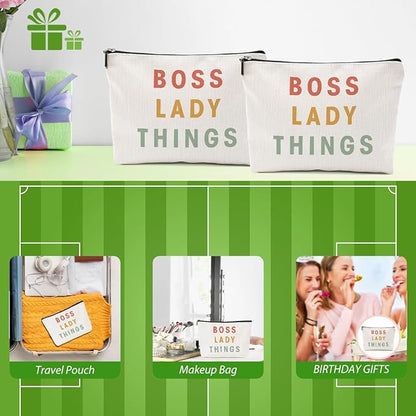 2pcs Boss Lady Gifts for Women Makeup Bag, Boss Lady Cosmetic Bag Thank You Gift from Coworker Mentor Supervisor Leader Christmas Birthday Retirement Gifts