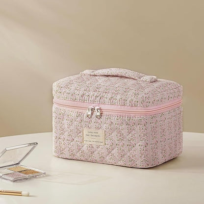 HBselect Quilted Makeup Bag, 3PCS Cotton Large Travel Makeup Bag, Cute Floral Coquette Make up Bag Cosmetic Bag Toiletry Bag for Women Girls