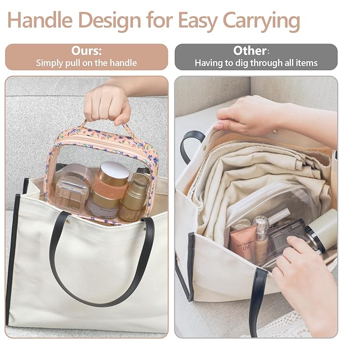 PACKISM Clear Makeup Bag - 2 Pack TSA Approved Toiletry Bag with Handle and 180° Large Opening, Clear Toiletry Bag Fit Carry-on Travel Essential, Travel Bags for Toiletries, Nude Pink Ditsy Floral