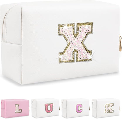 Initial Letter Patch Makeup Bag, Preppy Glitter Letter Pouch Cosmetic Bag,Small PU Travel Toiletry Bag Zipper,Personalized Monogrammed Gift for Friends Sister,Cute Stuff for Women Teen Girls(Letter X)