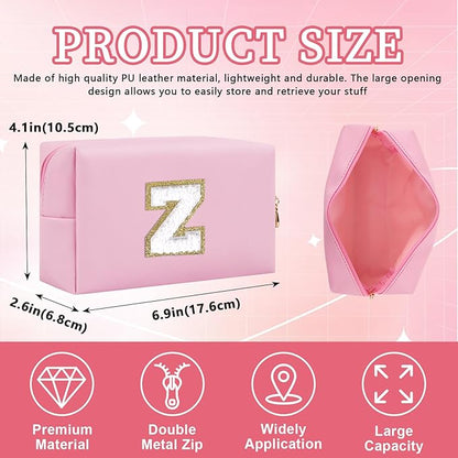 Iqimott,Personalized Initial Letter Patch Makeup Bag, Preppy Portable Chenille Letter Cosmetic Bag with Zipper, PU Leather Travel Toiletry Bag Monogram Make Up Pouch for Women Girls(Letter Z)