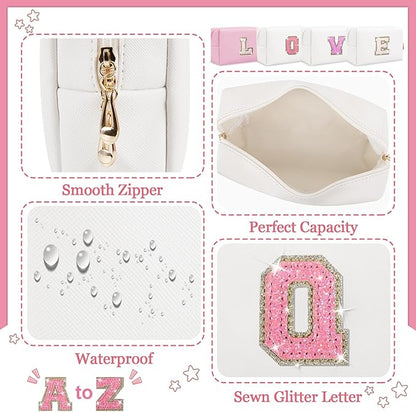 Personalized Initial Makeup Bag, Small Preppy Glitter Letter Cosmetic Pouch PU Waterproof Zipper Travel Toiletry Bag, Unique Letter Patch Makeup Organizer Gift for Women Teen Girls