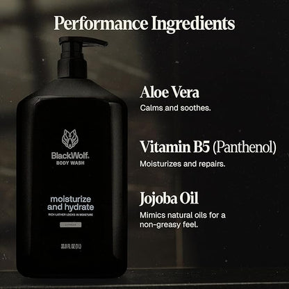 Black Wolf Moisturizing Body Wash for Men, Sandalwood - Mens Bodywash for Dry, Dehydrated & Sensitive Skin - Shower Gel Body Cleanser with Aloe Vera & Jojoba Oil to Remove Oil & Dirt