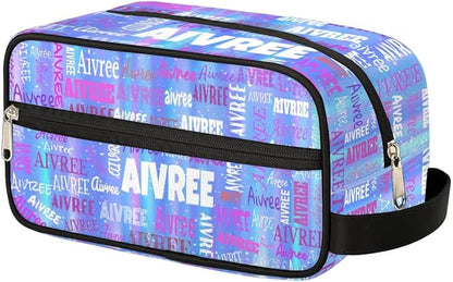 Custom Makeup Toiletry Bag, Personalized Travel Cosmetic Organizer Case Portable Bag with Zipper, Gradient Blue Color Striped Background