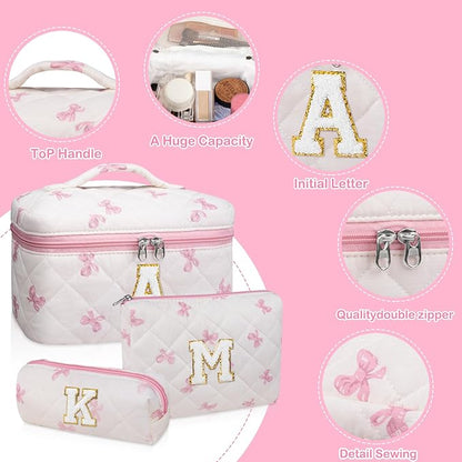 Initial Makeup Bag Set, Personalized Quilted Makeup Bag, Large Floral Cosmetic Bag for Women, Cute Cotton Custom Make up Bags, Flower Travel Toiletry Bag Teen Girl Gift Pink Butterfly S