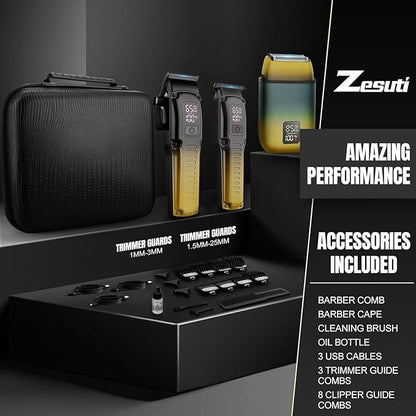 Professional Barber Hair Clippers Trimmer Shaver Set for Men,Cordless Hair Cutting Kit & Zero Gap T-Blade Trimmer & 8500 RPM Electric Shaver Combo with EVA Case,Mens Gift