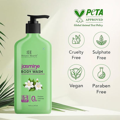 Botanic Hearth Jasmine Body Wash, 5-in-1 Care Formula, Paraben & Sulphate Free, 16 fl oz (473 ml), Gentle Body Cleanser with Soothing Floral Fragrance