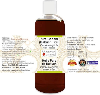 Greenwood Essential Babchi (Bakuchi) Oil (Psoralea corylifolia) | Cold Pressed | Natural | Undiluted | For Diluting Essential Oils | For Skin & Massage | Men & Women | 200ml (6.76 oz)