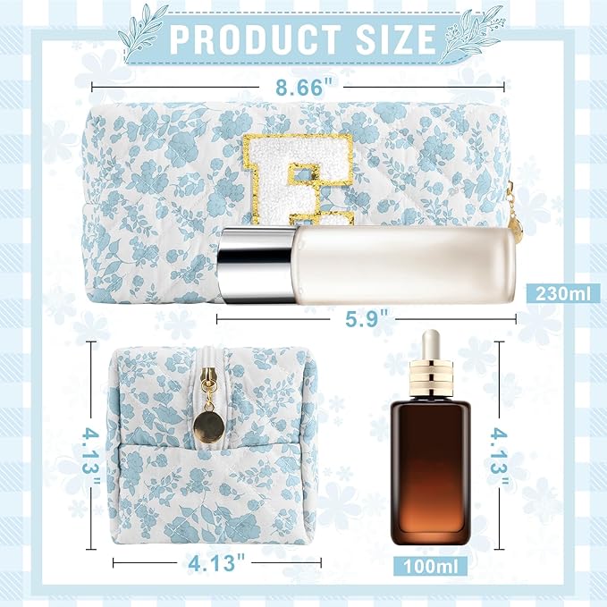 Personalized Quilted Cosmetic Bag, Puffy Monogrammed Christmas Birthday Gifts for Women & Girls, Cute initial Floral Makeup Bag Puffer Coquette Bag, Aesthetic Travel Toiletry Zipper Pouch(Blue,E)