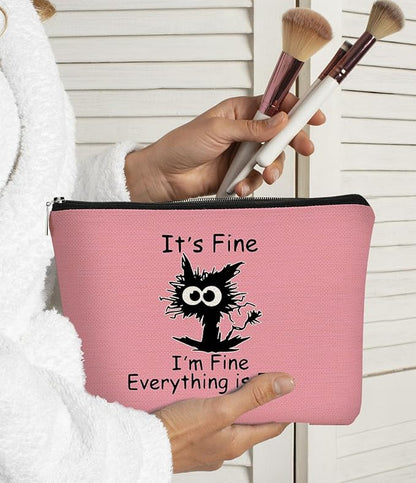 Cat Makeup bag It's Fine Everything is Fine Inspirational Funny Cat Kitten,Cosmetic Bag Zipper Travel Toiletry Bag， Gift Idea for Cat Lovers Teen Girls,Cat Owners Gifts,Birthday Gift(Pink)