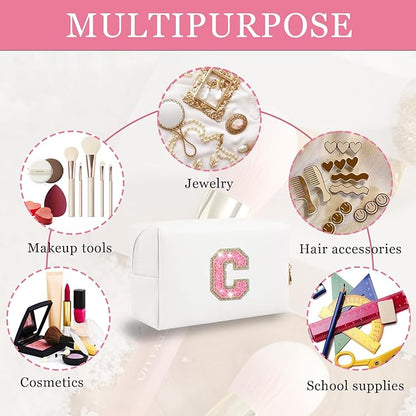 Personalized Initial Letter Makeup Bag, Preppy Glitter Letter Patch Cosmetic Pouch Zipper,PU Waterproof Travel Toiletry Bag Cute Makeup Organizer Monogrammed Make Up Bag,Gift for Women Girls