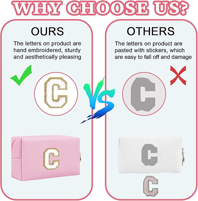 Iqimott Personalized Initial Letter Patch Makeup Bag, Preppy Portable Chenille Letter Cosmetic Bag with Zipper, PU Leather Waterproof Travel Toiletry Bag Monogram Make Up Pouch Girls(Letter L)