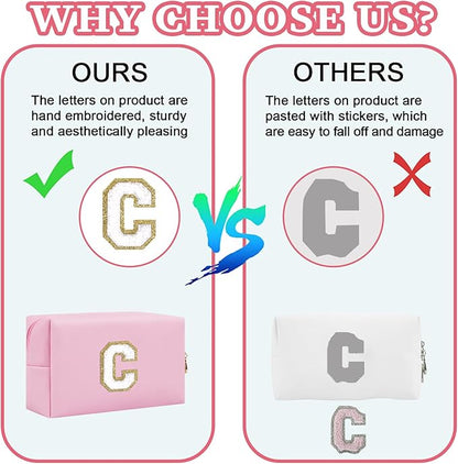 Iqimott,Personalized Initial Letter Patch Makeup Bag, Preppy Portable Chenille Letter Cosmetic Bag with Zipper, PU Leather Travel Toiletry Bag Monogram Make Up Pouch for Women Girls(Letter O)