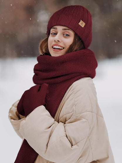 Winter Beanie Hat Scarf Gloves, Warm Fleece Knit Hat Long Scarf Neck Warmer Touch Screen Winter Gloves Set Gifts for Women
